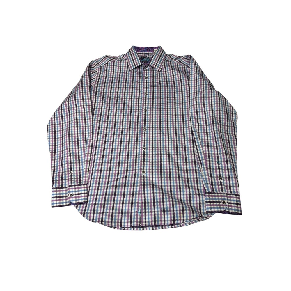 Robert Graham Mens Classic Fit Purple Blue Plaid Button Down Shirt Medium Cotton